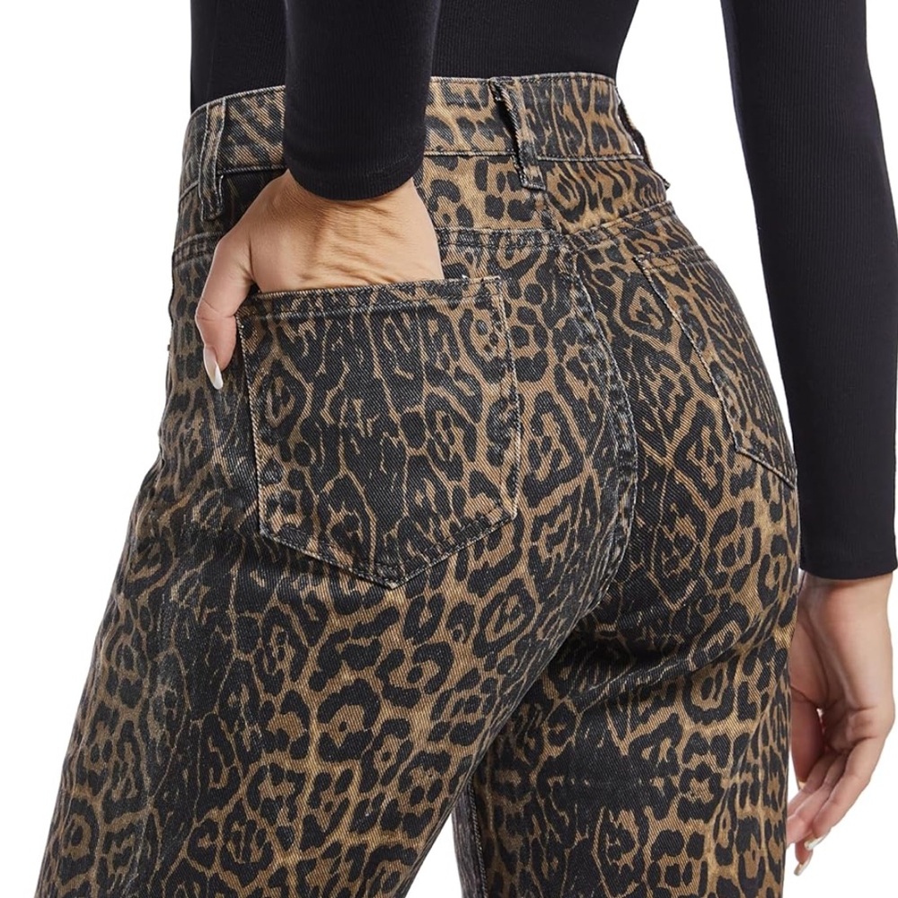 Ettelo Leopard Print Jeans- Straight-Leg Pants - Olive/Black- high waisted